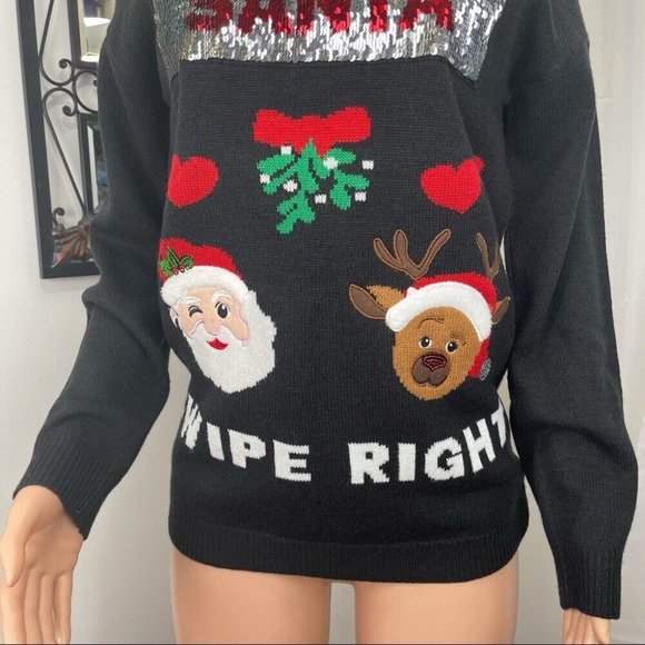 Merry&Bright Sequined Swipe Right Signed Christmas Sweater SZ M Rudolph - Santa - Picture 8 of 12